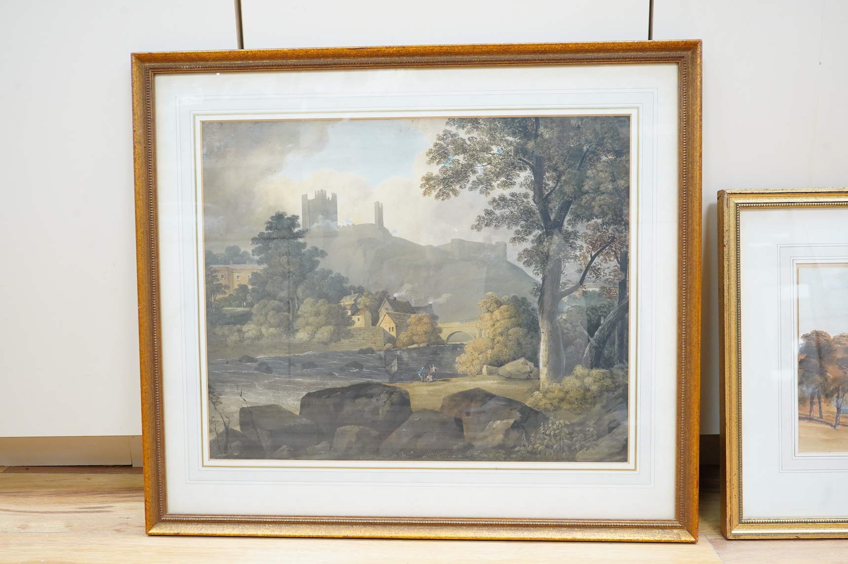 William Leighton Leitch (1804-1883), Landscape, unsigned, inscribed to the mount, together with another 19th century watercolour, Riverscape with anglers before castle walls, unsigned, largest 42 x 53cm